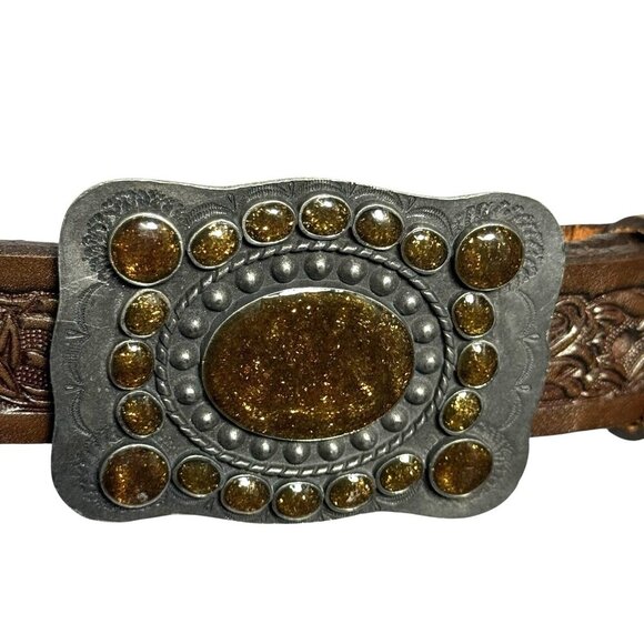 Vintage Tooled Leather Belt Size 38 Brown & Goldstone cabochons Womens Western - Picture 2 of 11